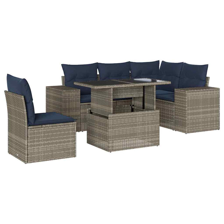 havesofasæt med 6 dele og hynder grå polyrattan