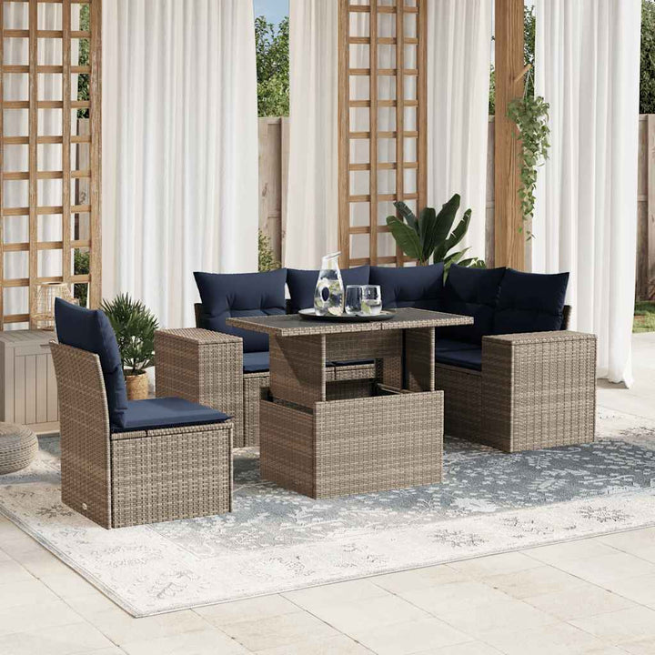 havesofasæt med 6 dele og hynder grå polyrattan