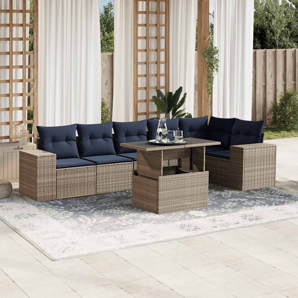 havesofasæt med 7 dele og hynder grå polyrattan