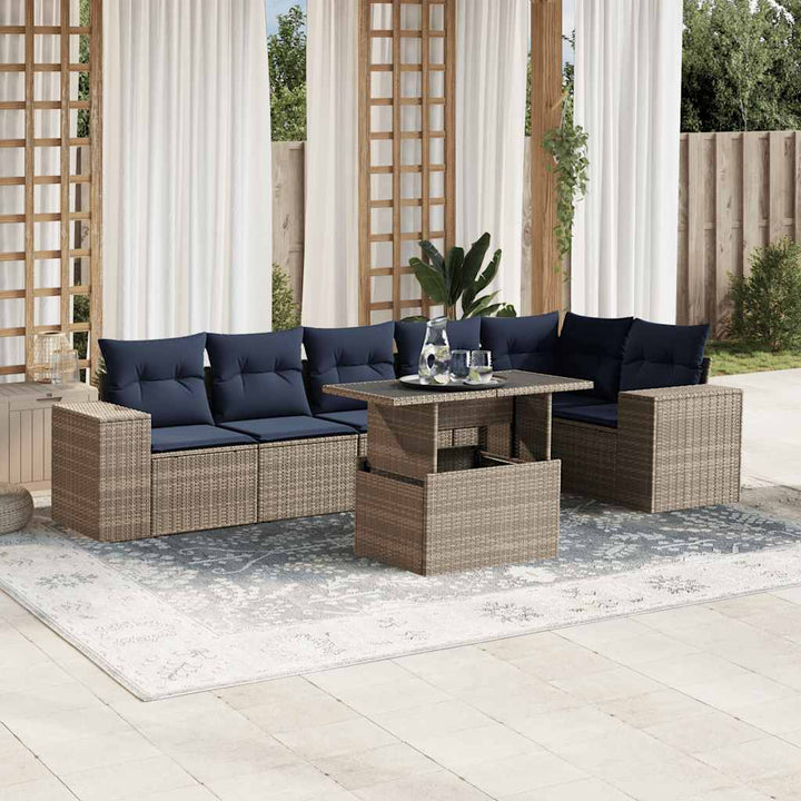 havesofasæt med 7 dele og hynder grå polyrattan