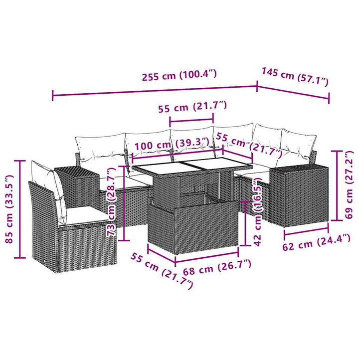 havesofasæt med 7 dele og hynder grå polyrattan