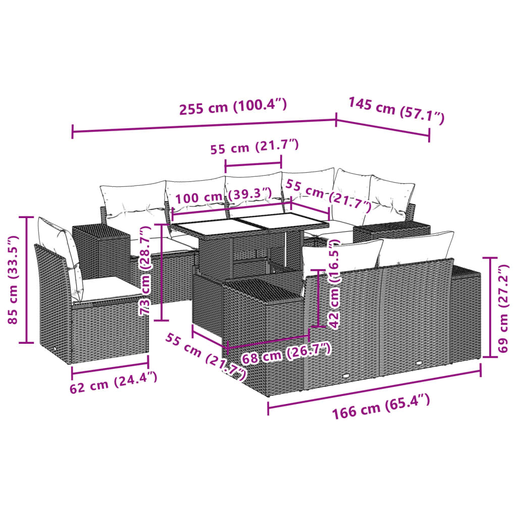 sofasæt til haven 9 dele med hynder polyrattan beige