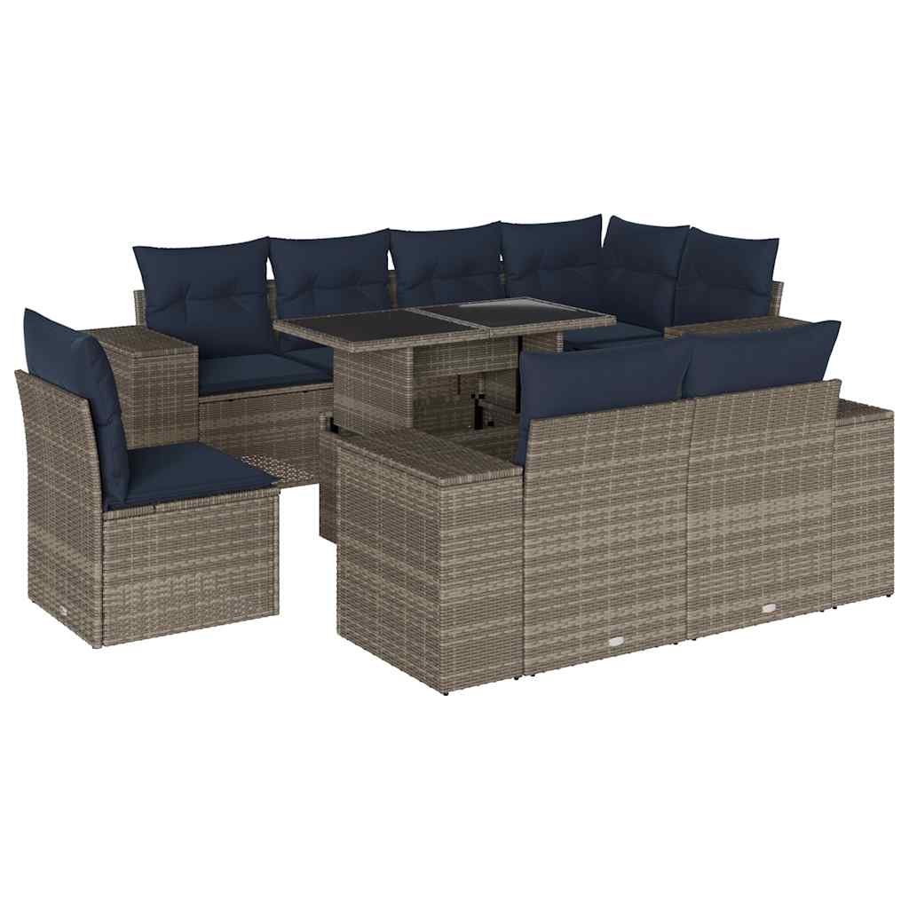 havesofasæt med 9 dele og hynder grå polyrattan