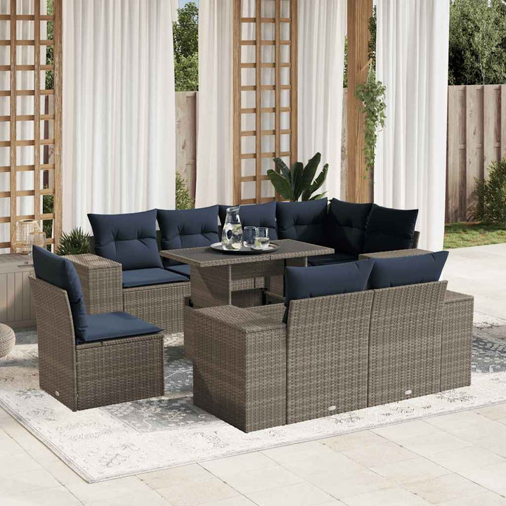 havesofasæt med 9 dele og hynder grå polyrattan