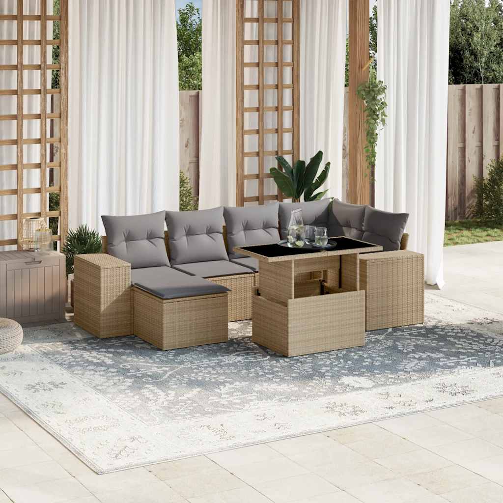 sofasæt til haven 7 dele med hynder polyrattan beige