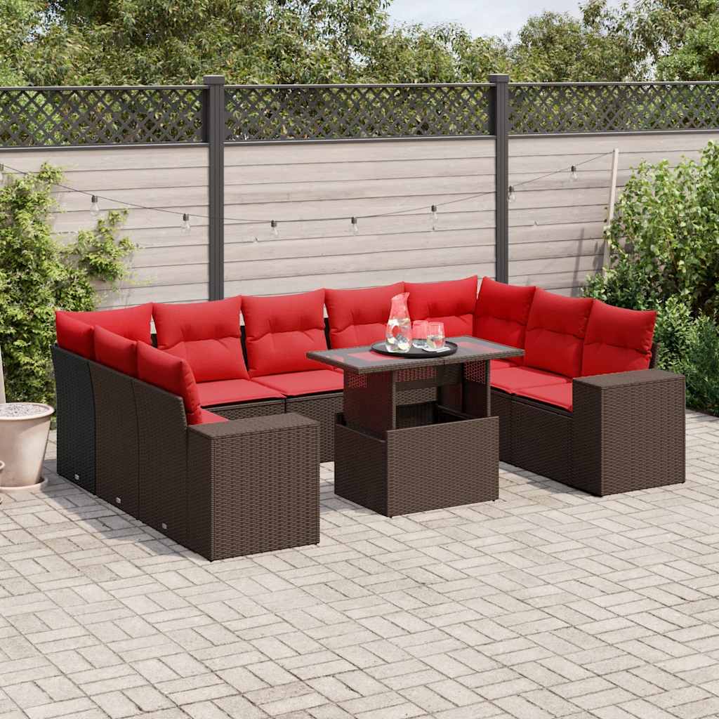 havesofasæt med 10 hynder brun polyrattan