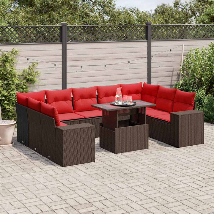 havesofasæt med 10 hynder brun polyrattan