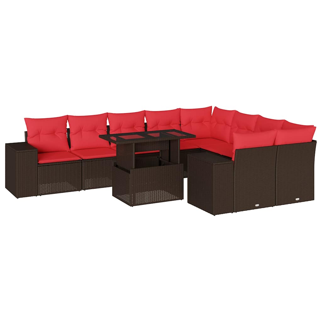 havesofasæt med 10 hynder brun polyrattan