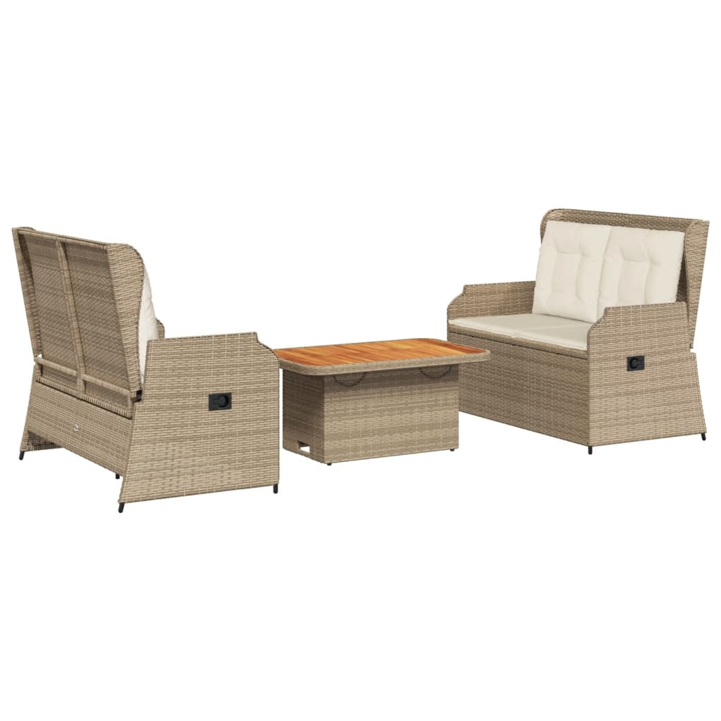 loungesæt til haven 3 dele med hynder polyrattan beige