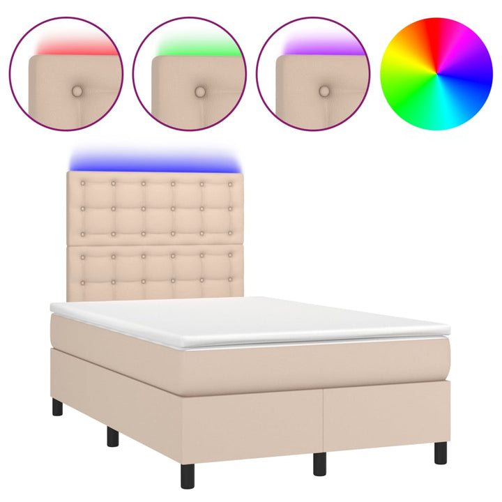 kontinentalseng LED-lys 120x190 cm kunstlæder cappuccinofarvet