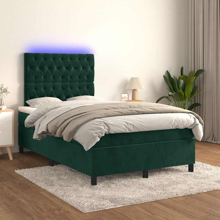 kontinentalseng med madras og LED-lys 120x190cm fløjl mørkegrøn