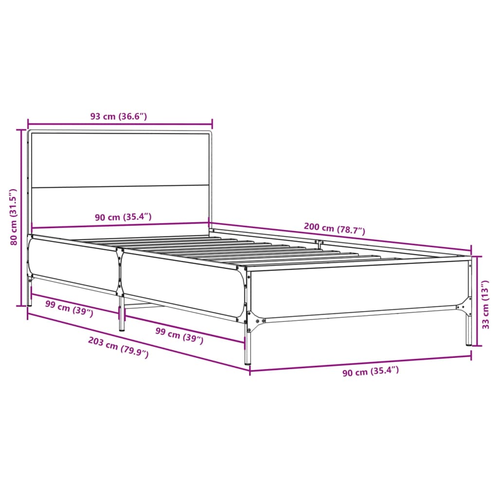 sengeramme 90x200 cm konstrueret træ og metal sonoma-eg