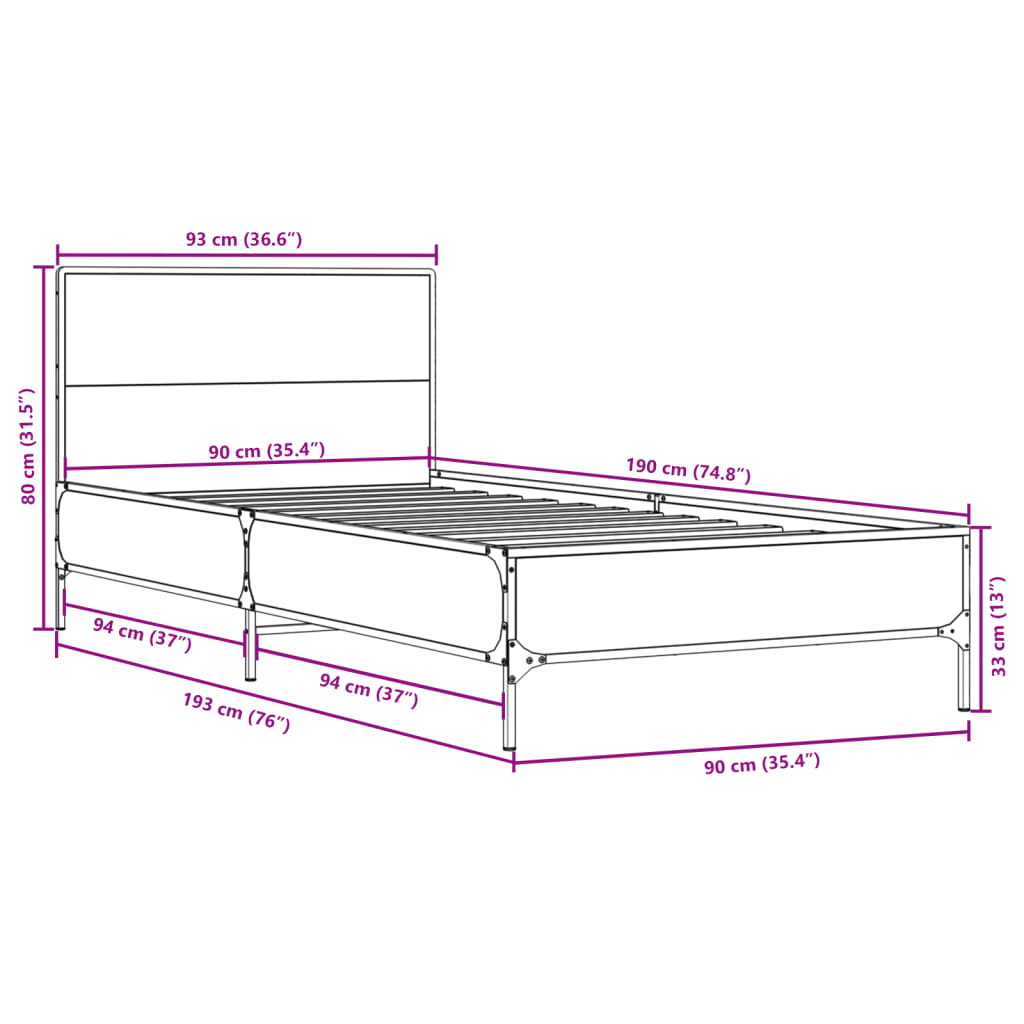 sengeramme 90x190 cm konstrueret træ og metal sonoma-eg