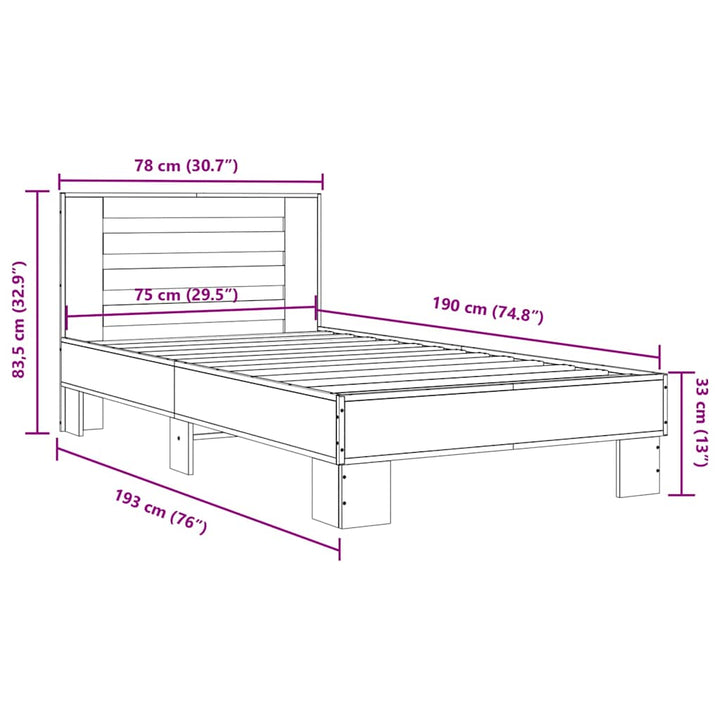 sengeramme 75x190 cm konstrueret træ og metal sonoma-eg