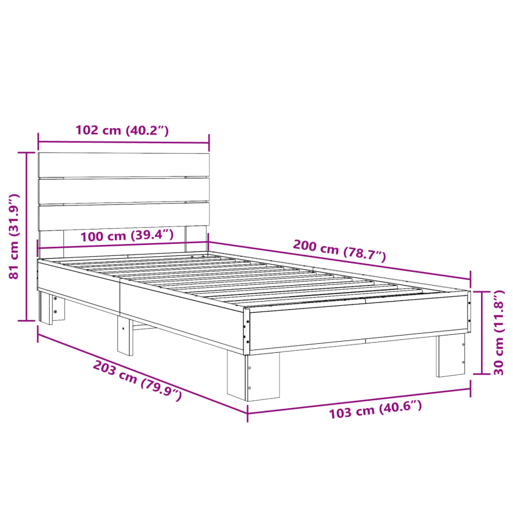 sengeramme 100x200 cm konstrueret træ og metal brunt egetræ