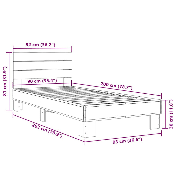 sengeramme 90x200 cm konstrueret træ og metal brun egetræsfarve