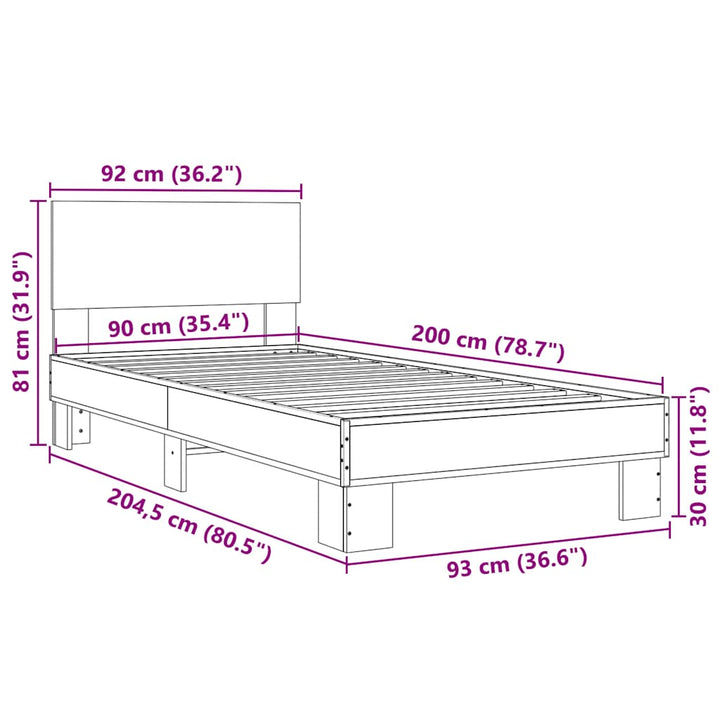 sengeramme 90x200 cm konstrueret træ og metal brun egetræsfarve