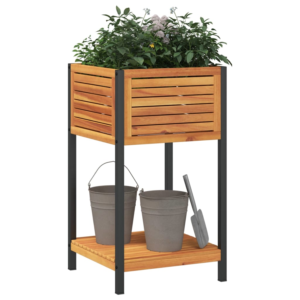 plantekasse med hylde 45x45x80 cm massivt akacietræ og stål