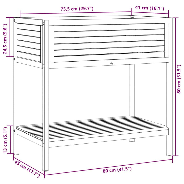 plantekasse med hylde 80x45x80 cm massivt akacietræ og stål