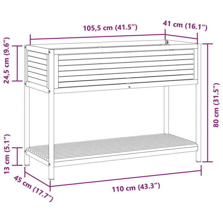 plantekasse med hylde 110x45x80 cm massivt akacietræ og stål