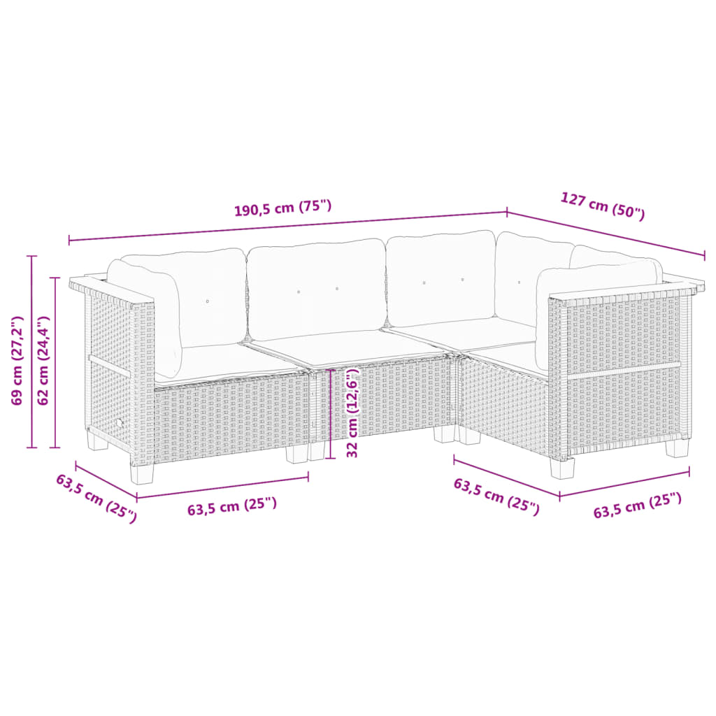 sofasæt til haven 4 dele med hynder polyrattan sort