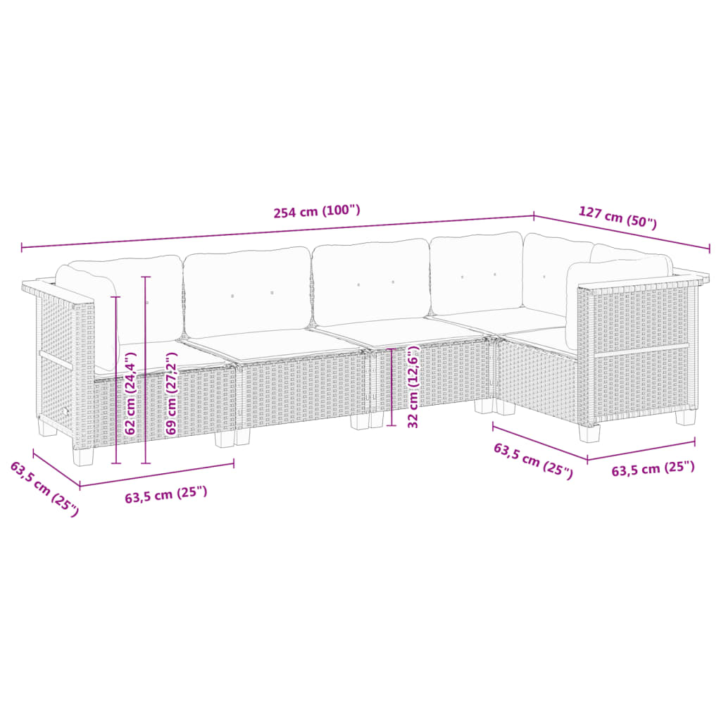 sofasæt 5 dele med hynder polyrattan grå