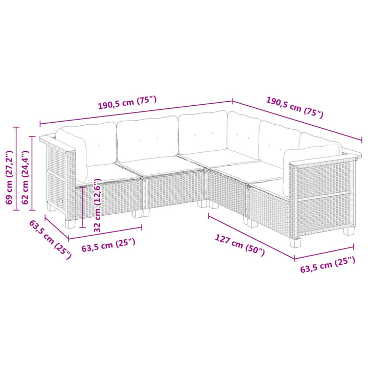 sofasæt til haven 5 dele med hynder polyrattan sort