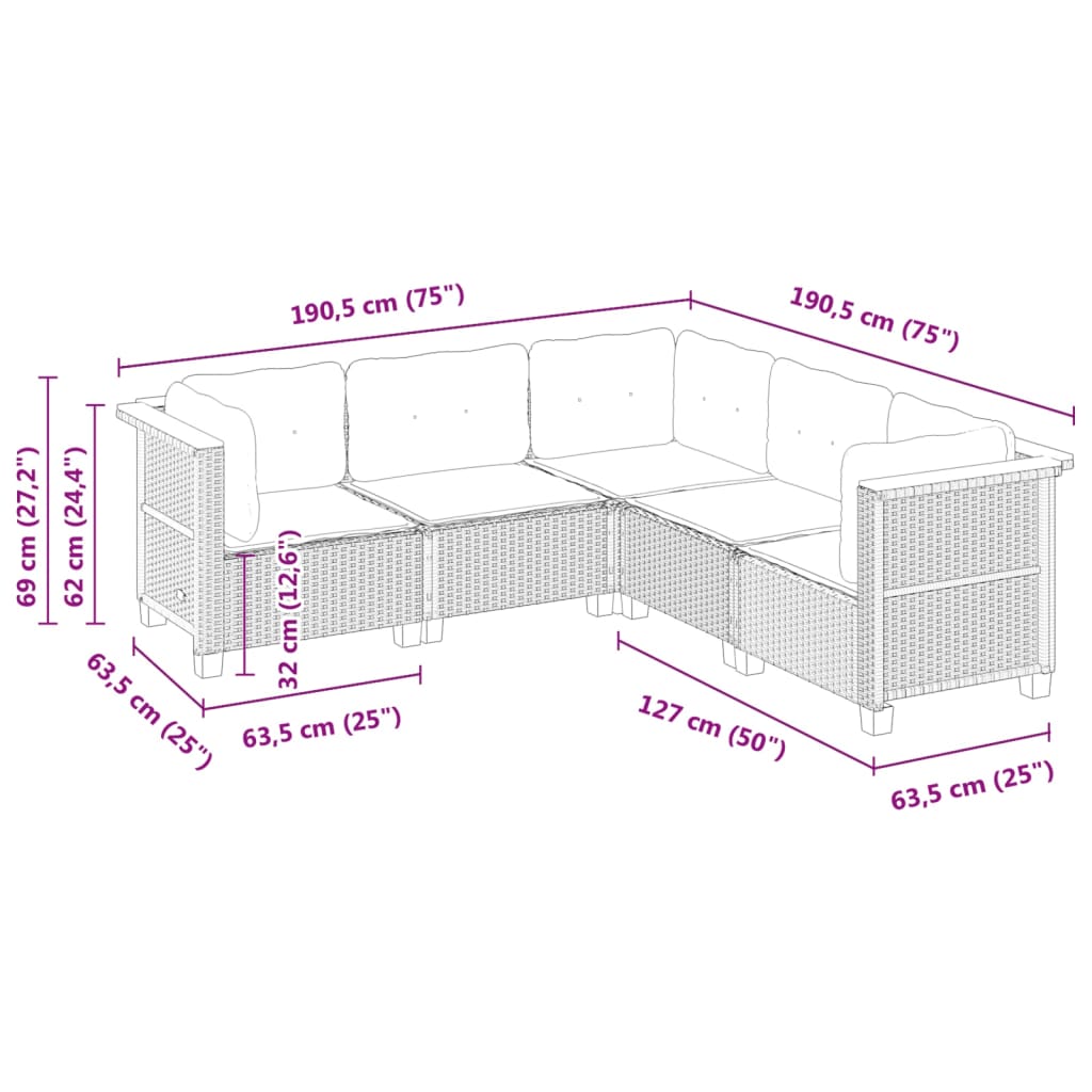 sofasæt 5 dele med hynder polyrattan grå