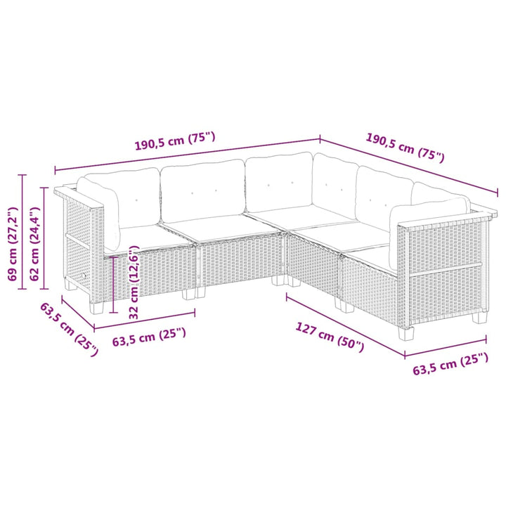 sofasæt 5 dele med hynder polyrattan grå