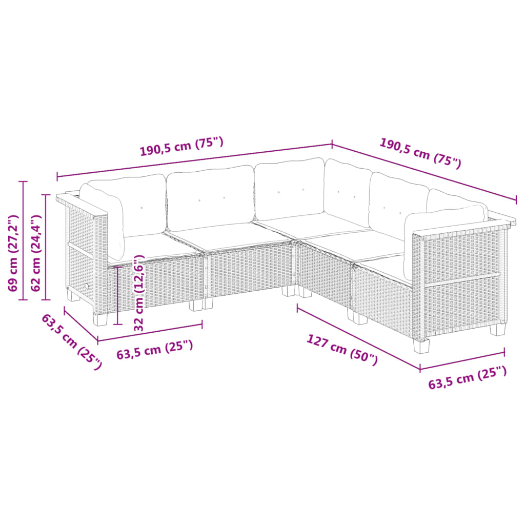 sofasæt til haven 5 dele med hynder polyrattan beige