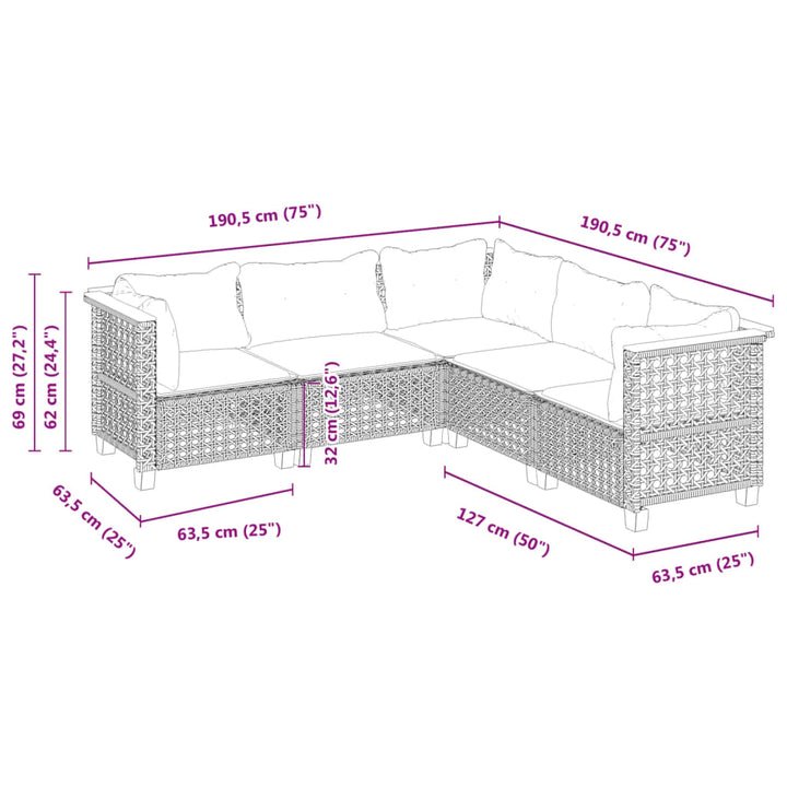 sofasæt 5 dele med hynder polyrattan grå