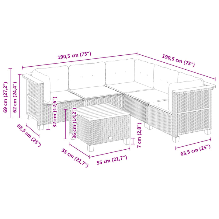 sofasæt til haven 6 dele med hynder polyrattan grå