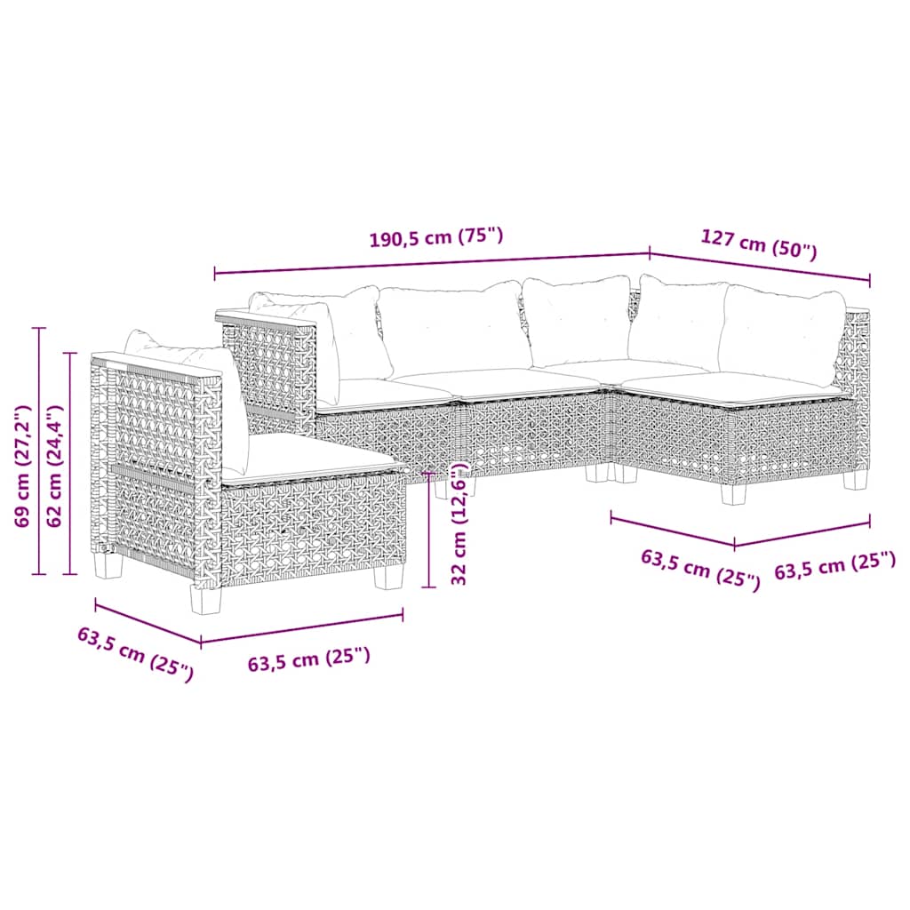 sofasæt til haven 5 dele med hynder polyrattan beige
