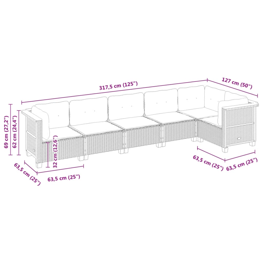 sofasæt til haven 6 dele med hynder polyrattan grå