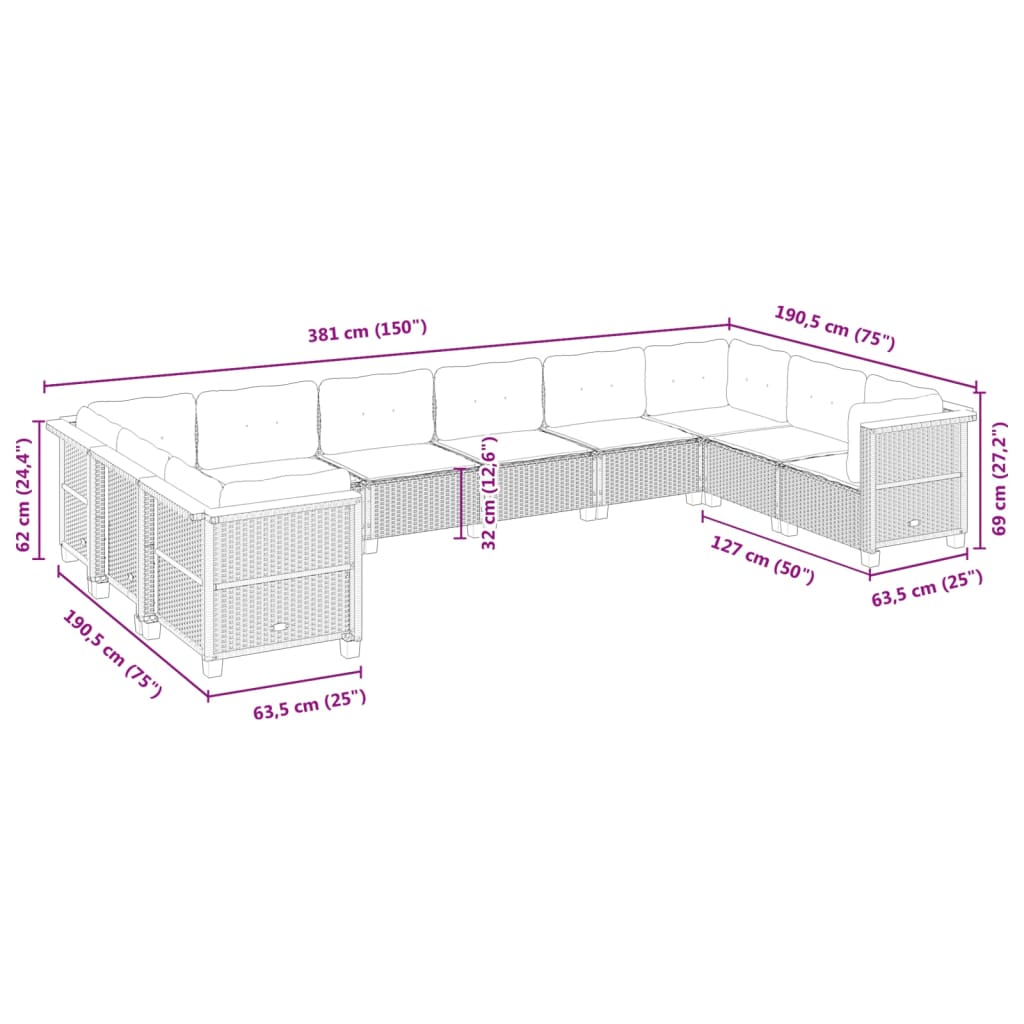 sofasæt til haven 10 dele med hynder polyrattan beige