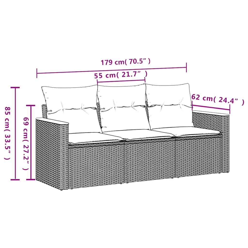 sofasæt til haven 3 dele med hynder polyrattan sort