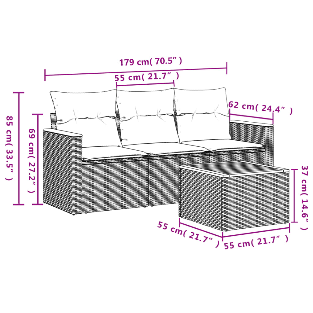 sofasæt til haven 4 dele med hynder polyrattan grå