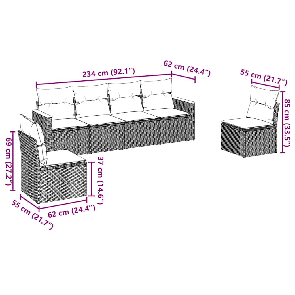 sofasæt til haven 6 dele med hynder polyrattan sort