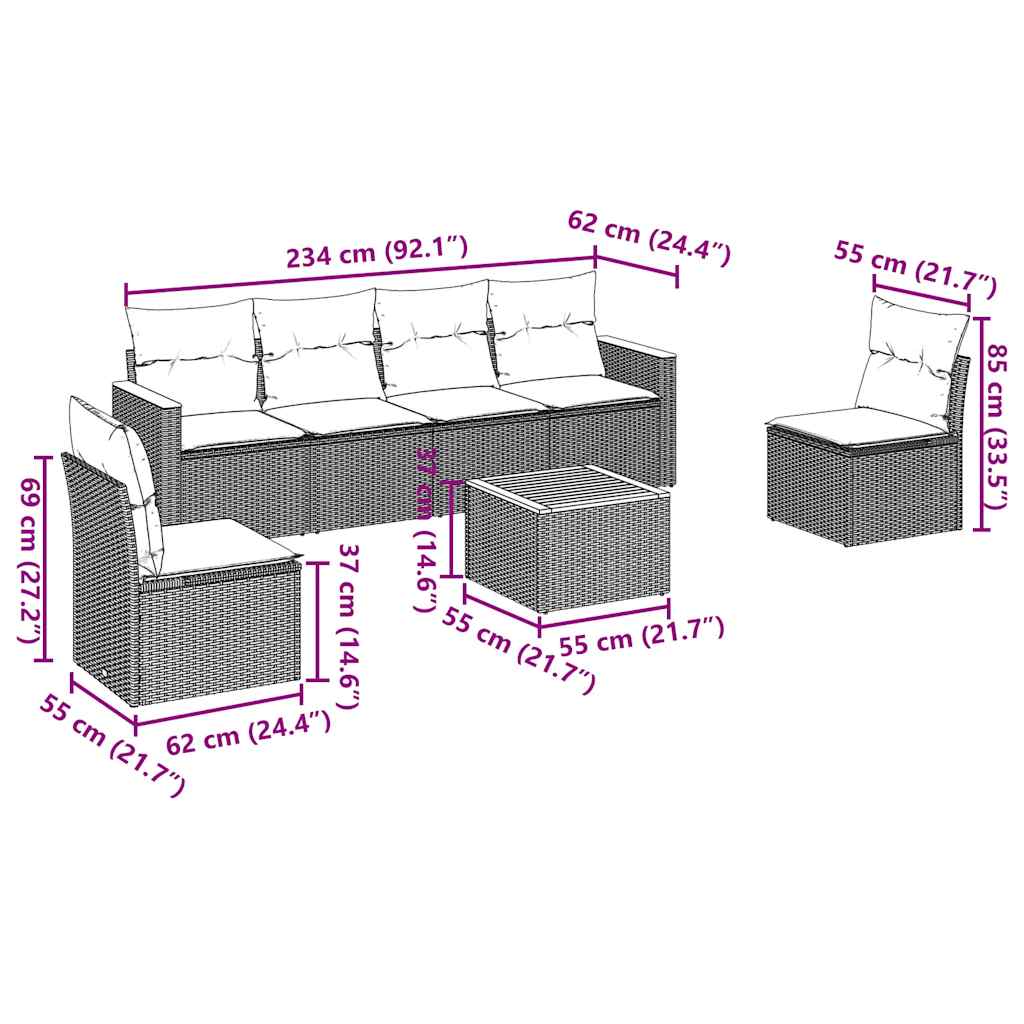 sofasæt til haven 7 dele med hynder polyrattan sort
