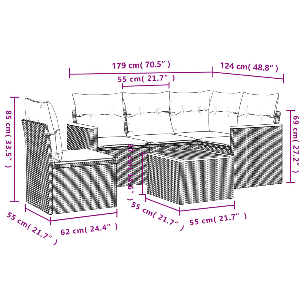 sofasæt til haven 6 dele med hynder polyrattan sort