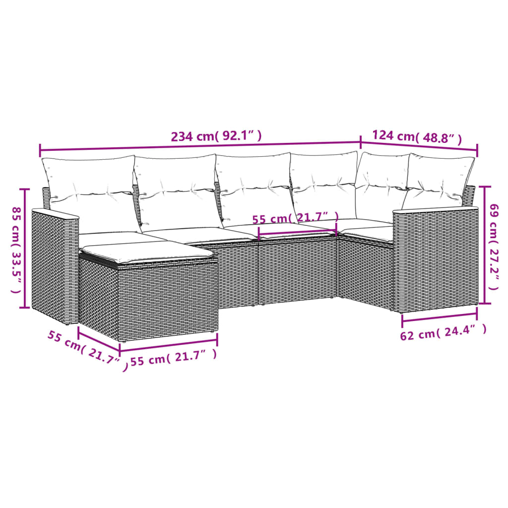 sofasæt til haven 6 dele med hynder polyrattan sort