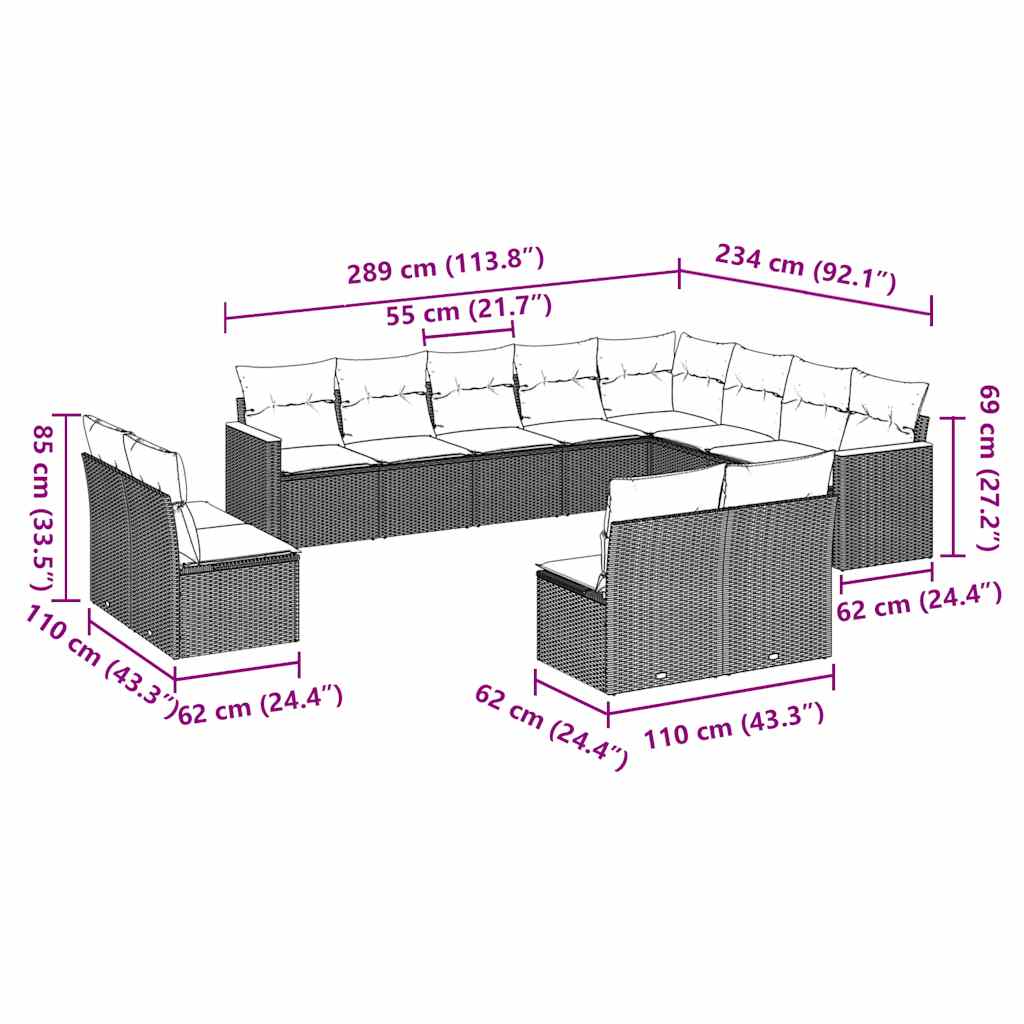 sofasæt til haven 12 dele med hynder polyrattan sort
