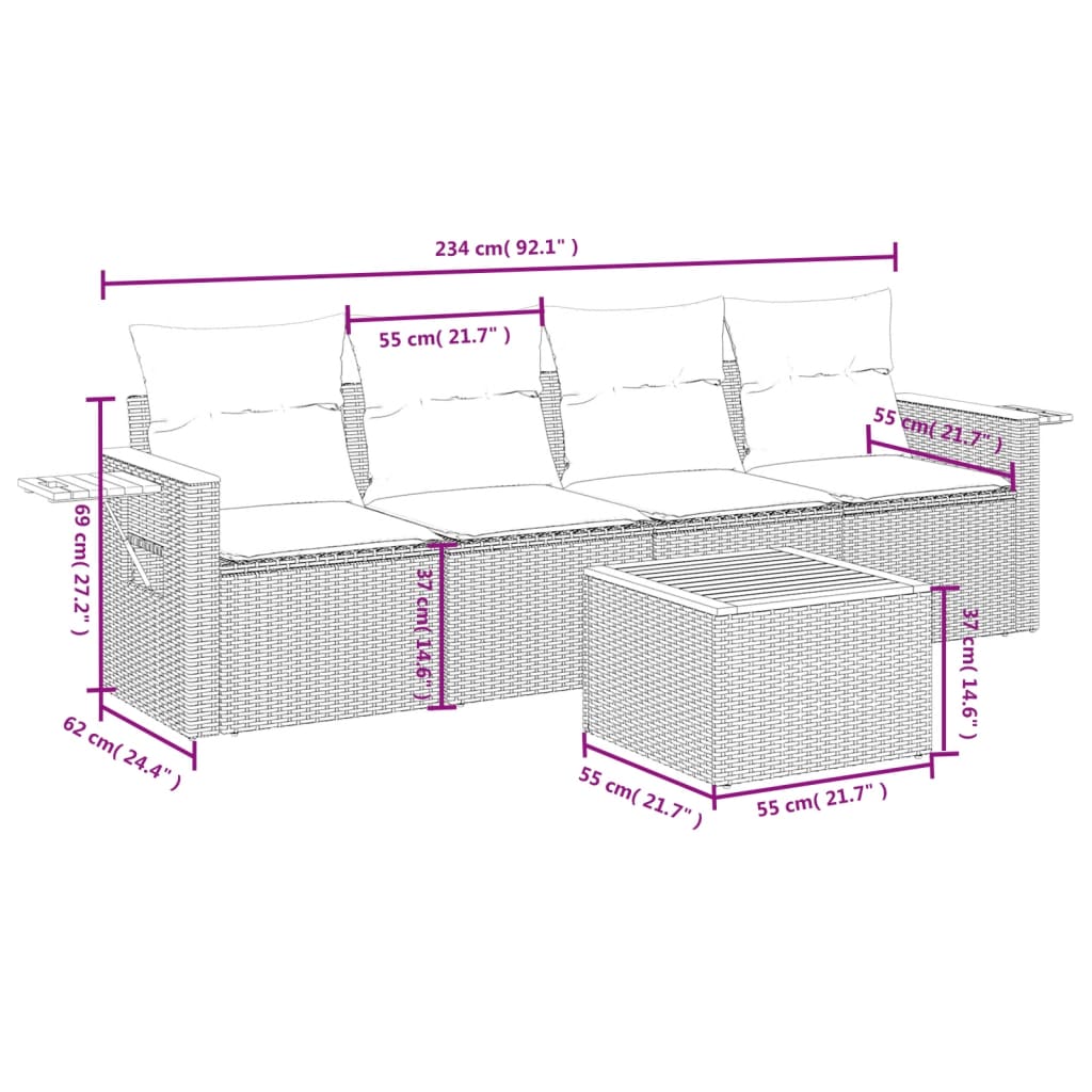 sofasæt 5 dele med hynder polyrattan grå