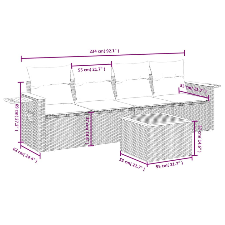 sofasæt 5 dele med hynder polyrattan grå