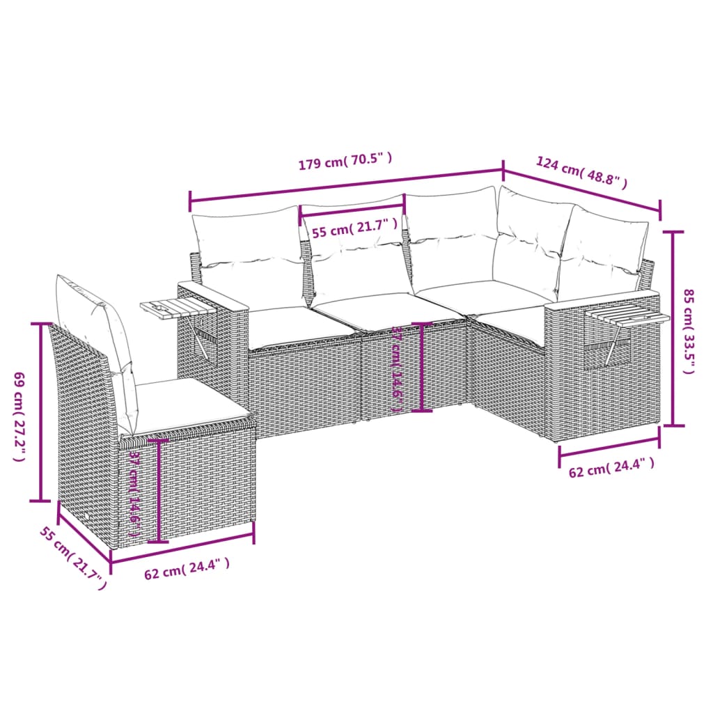 sofasæt til haven 5 dele med hynder polyrattan beige