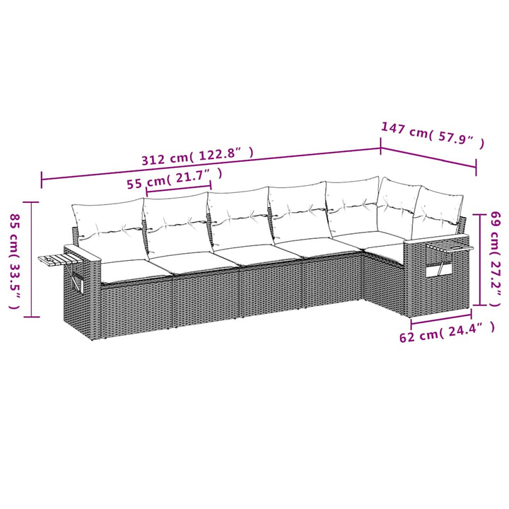 sofasæt til haven 6 dele med hynder polyrattan sort