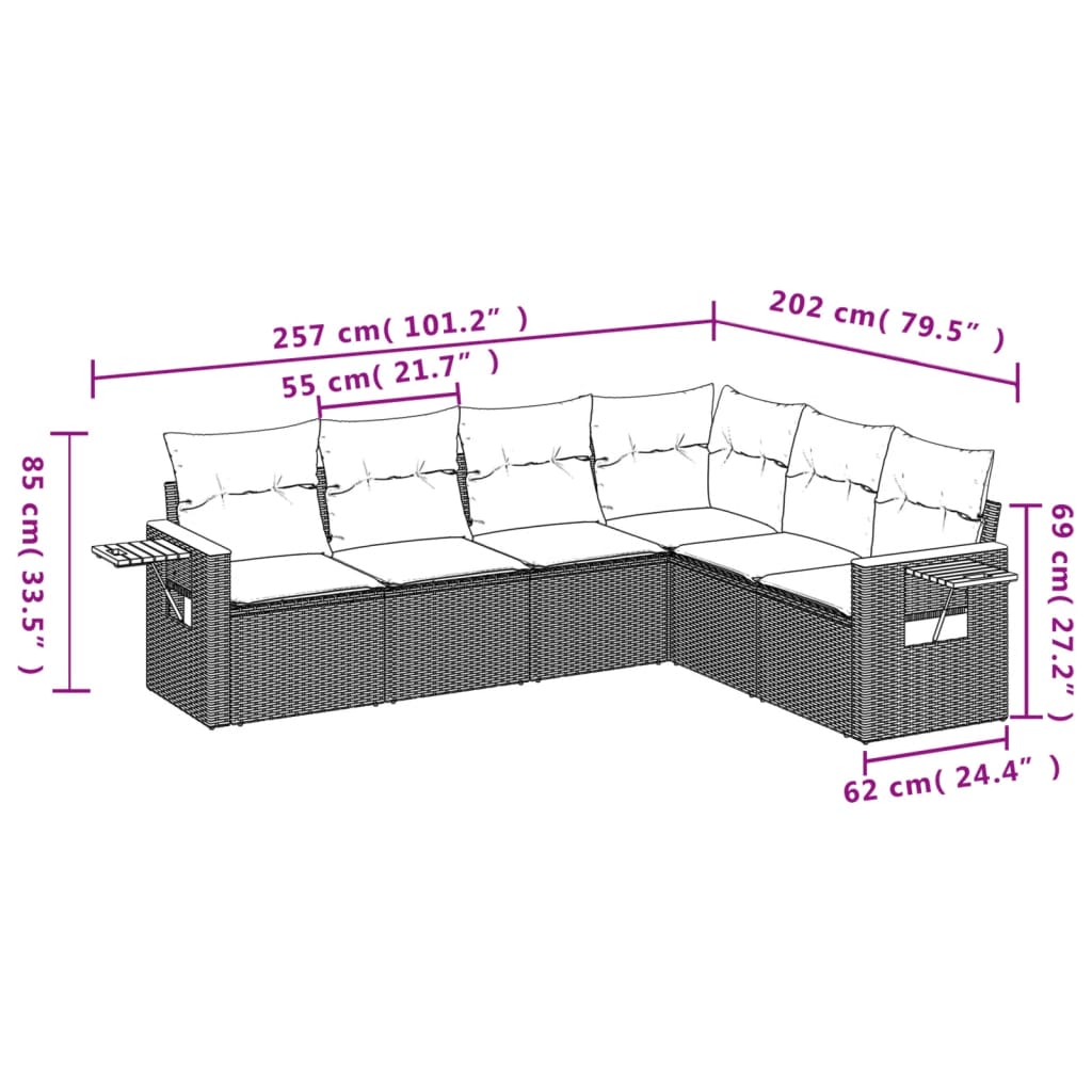 sofasæt til haven 6 dele med hynder polyrattan sort