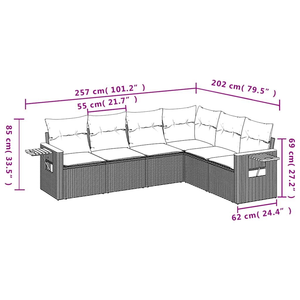 sofasæt til haven 6 dele med hynder polyrattan sort