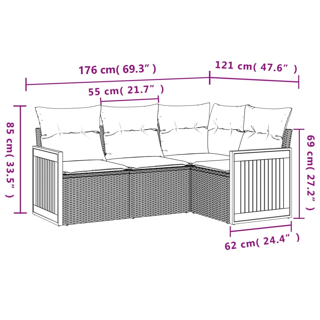 sofasæt til haven 4 dele med hynder polyrattan grå
