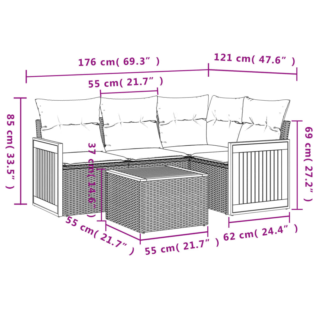 sofasæt 5 dele med hynder polyrattan grå